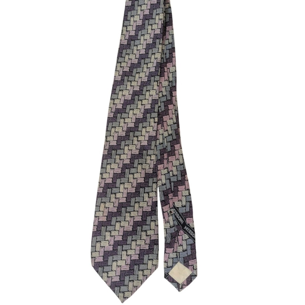 Vintage Missoni Cravatte Silk Necktie 70s Geometric Purple‎ Grey Mens Tie